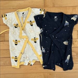 LIKE NEW Bee & Rocket Short Sleeve Baby Wrap Rompers - Yellow Bee / Navy Rocket